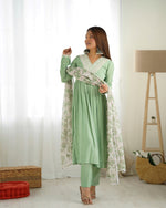 Thumbnail for Lorenvalley Pista Roman Silk Chanderi Fabric Fit Nyra Cut Kurta Pant With Dupatta Set - Distacart
