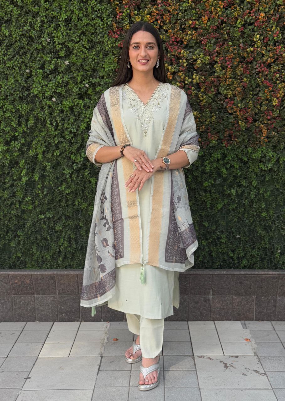 Lorenvalley Fashion Pista Roman Silk Hand Work Kurta Pant with Dupatta