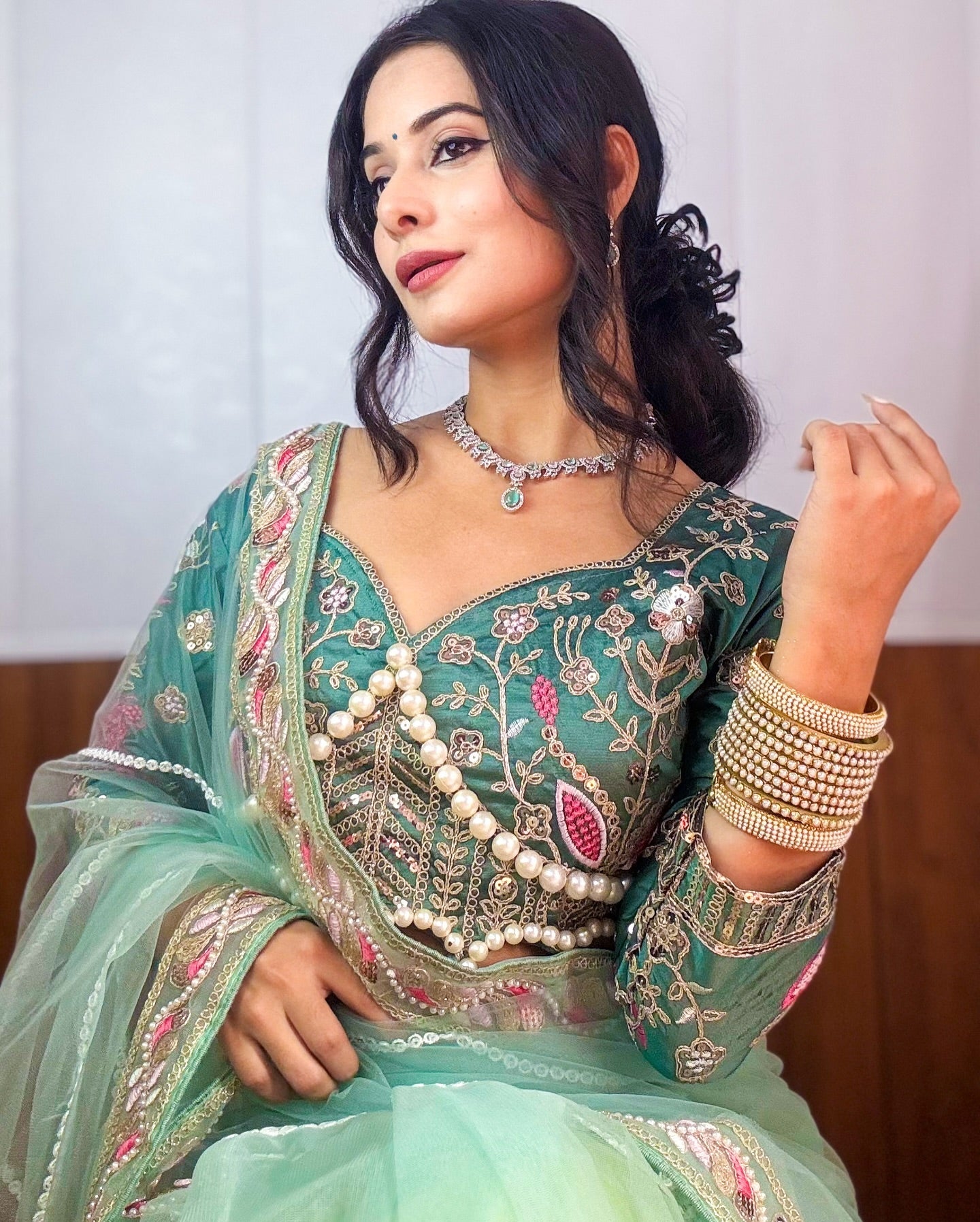 Evanik Pista Net Embroidery work Saree with Moti Hand work Blouse