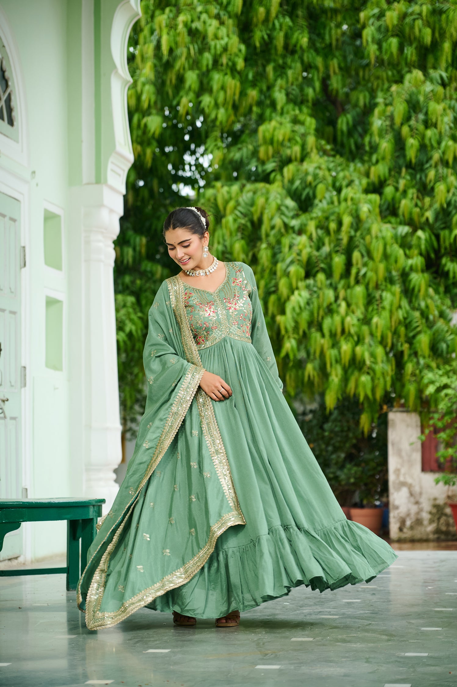 Lorenvalley Fashion Pista Vichitra Silk with Embroidered Zari & Thread work Anarkali Gown with Dupatta