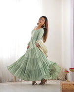Thumbnail for Lorenvalley Women Pure Roman silk Chanderi Fabric Layer Gathering Anarkali Kurta Pant With Dupatta Set - Distacart