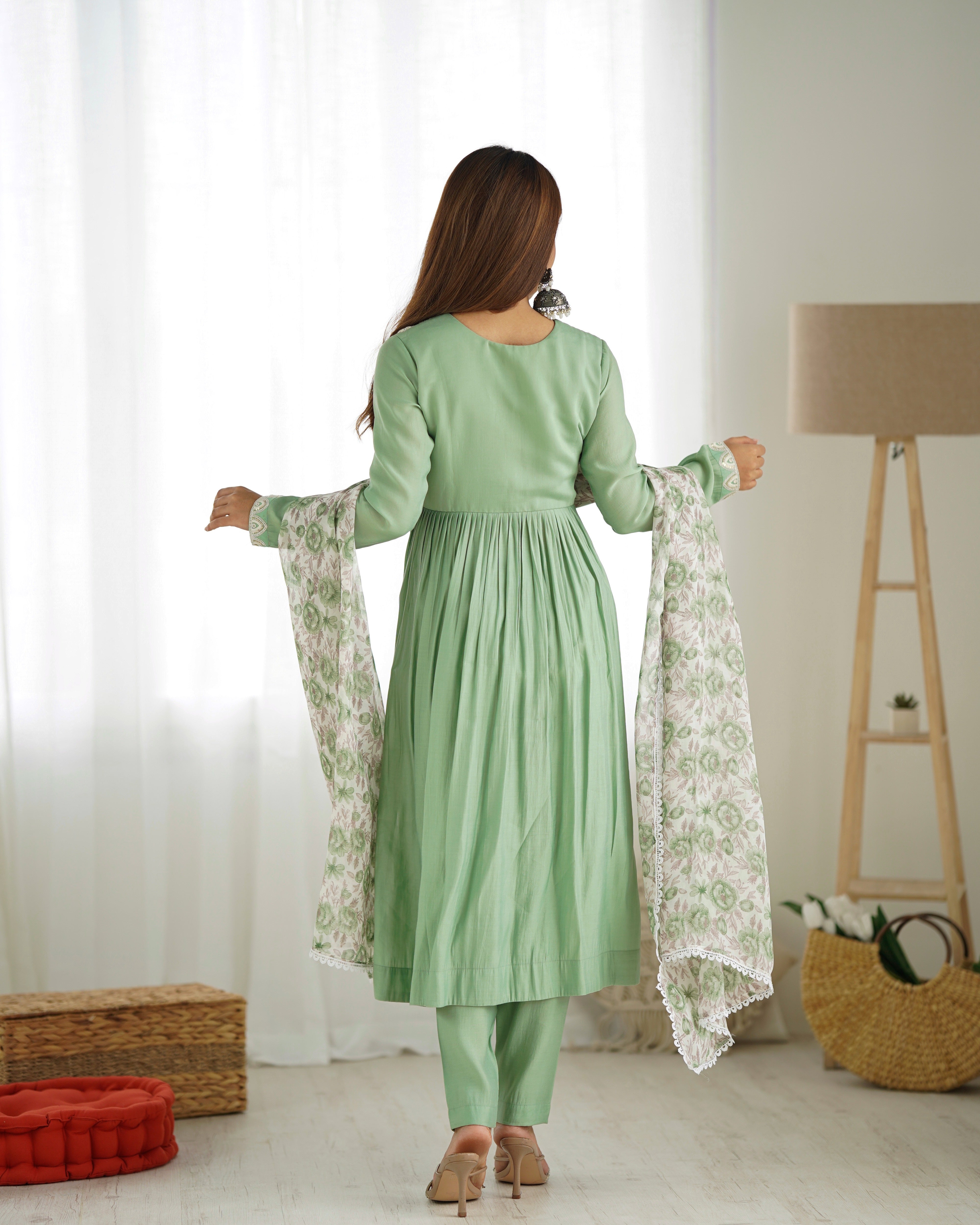 Lorenvalley Pista Roman Silk Chanderi Fabric Fit Nyra Cut Kurta Pant With Dupatta Set - Distacart