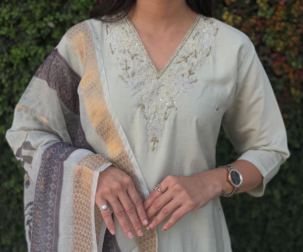 Lorenvalley Fashion Pista Roman Silk Hand Work Kurta Pant with Dupatta
