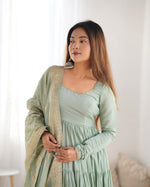 Thumbnail for Lorenvalley Women Pure Roman silk Chanderi Fabric Layer Gathering Anarkali Kurta Pant With Dupatta Set - Distacart