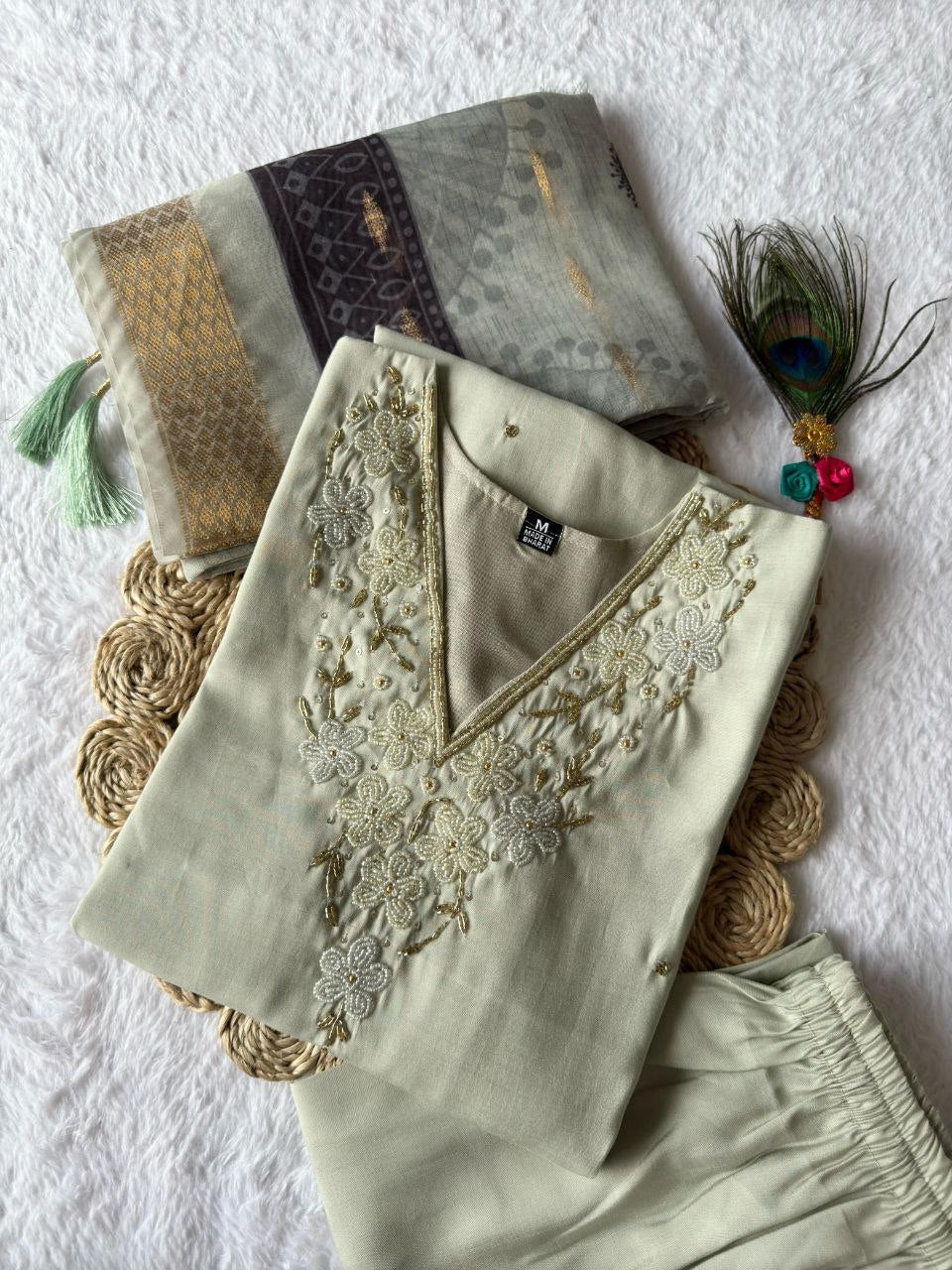 Lorenvalley Fashion Pista Roman Silk Hand Work Kurta Pant with Dupatta
