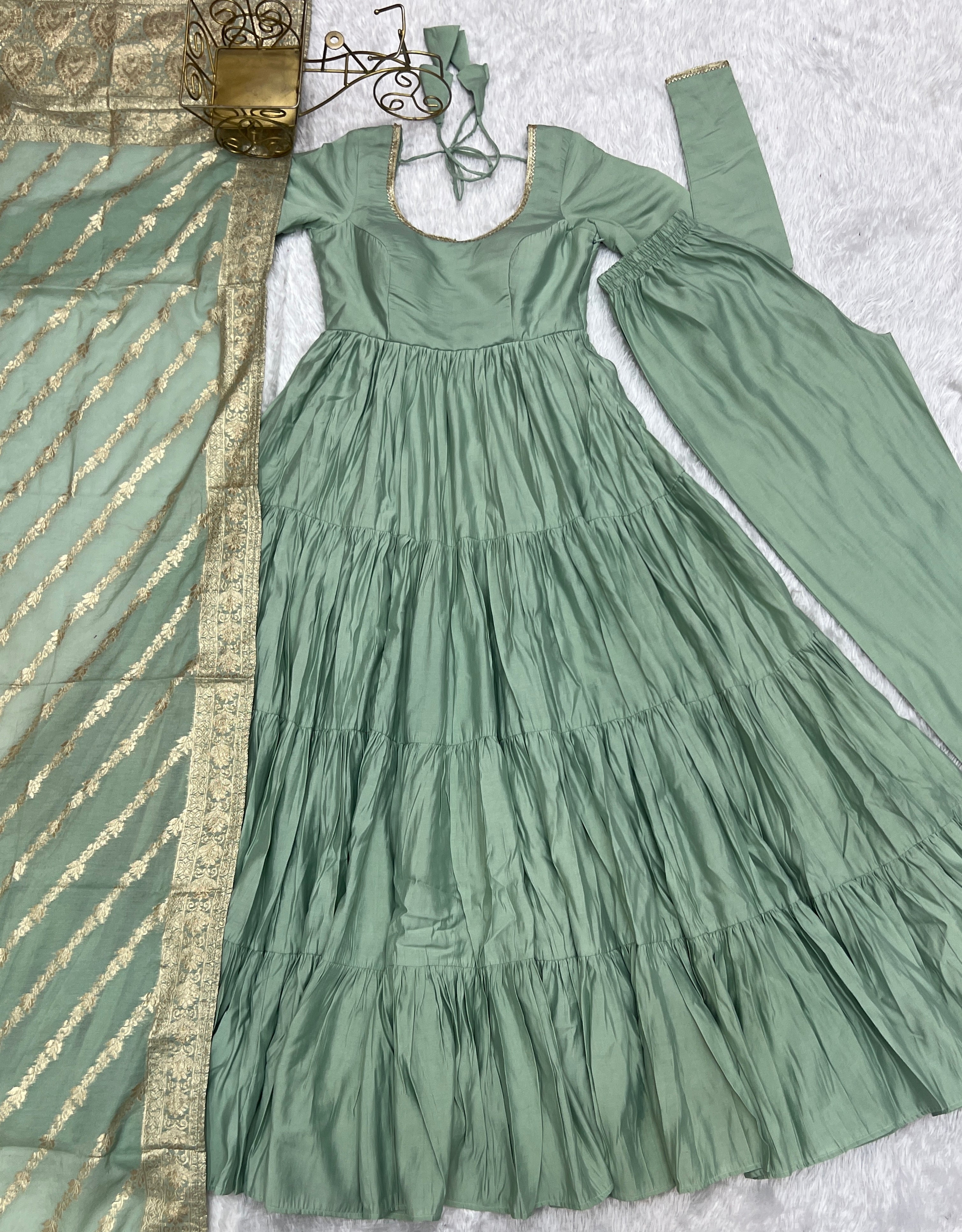 Lorenvalley Women Pure Roman silk Chanderi Fabric Layer Gathering Anarkali Kurta Pant With Dupatta Set - Distacart