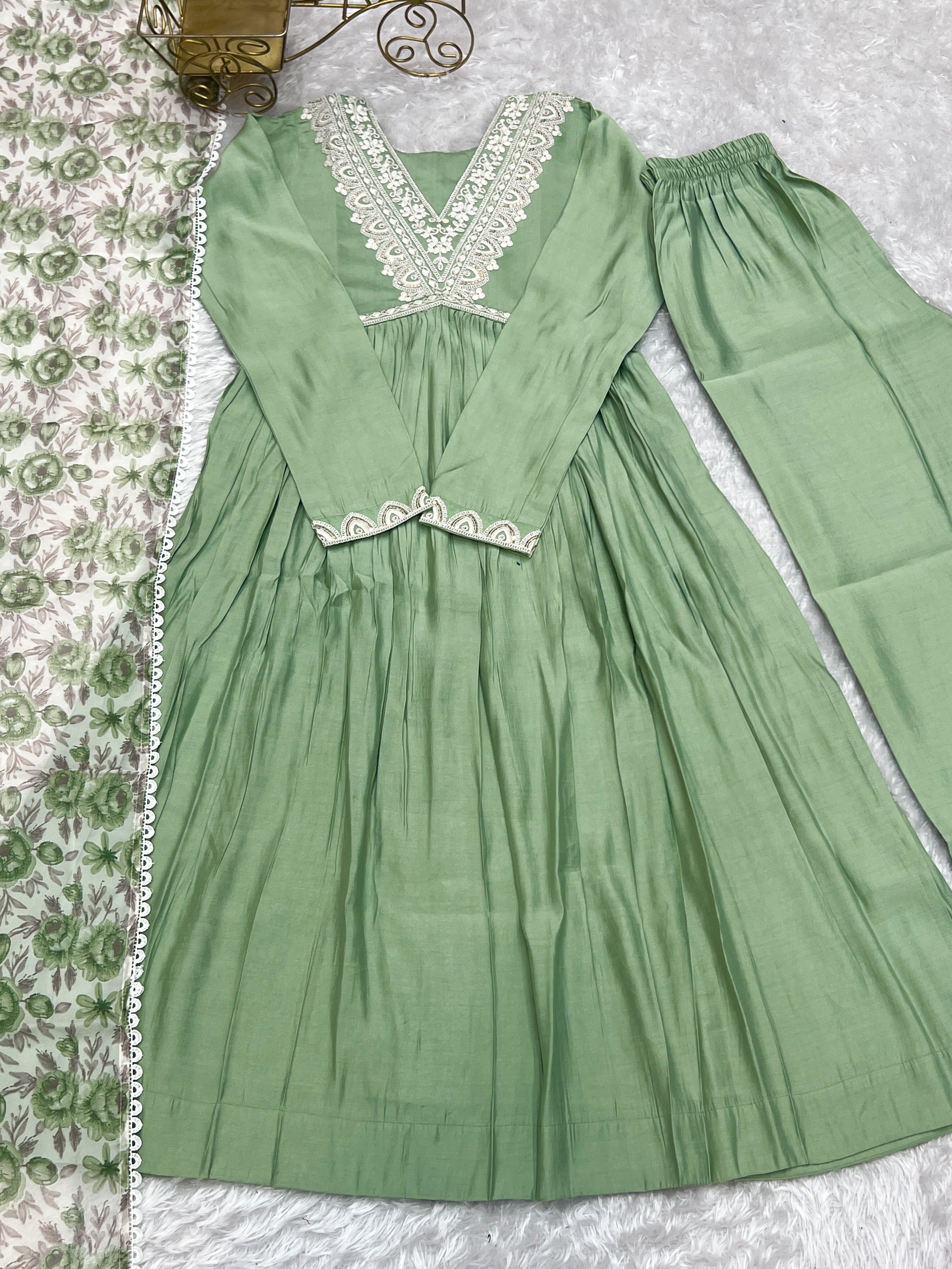 Lorenvalley Pista Roman Silk Chanderi Fabric Fit Nyra Cut Kurta Pant With Dupatta Set - Distacart