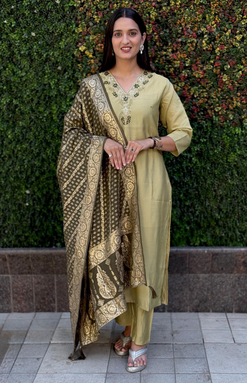 Lorenvalley Fashion Pista Roman Silk Hand Work Kurta Pant with Dupatta