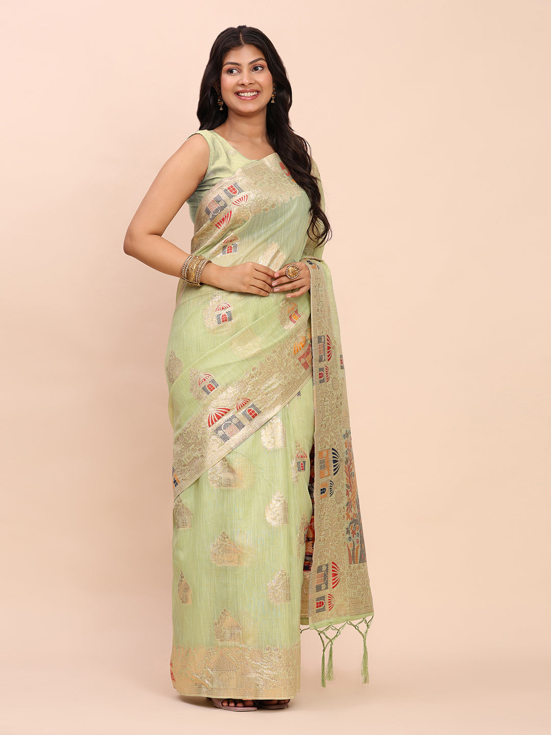 Anaita Rama Linen Woven Work Saree With Blouse - Distacart