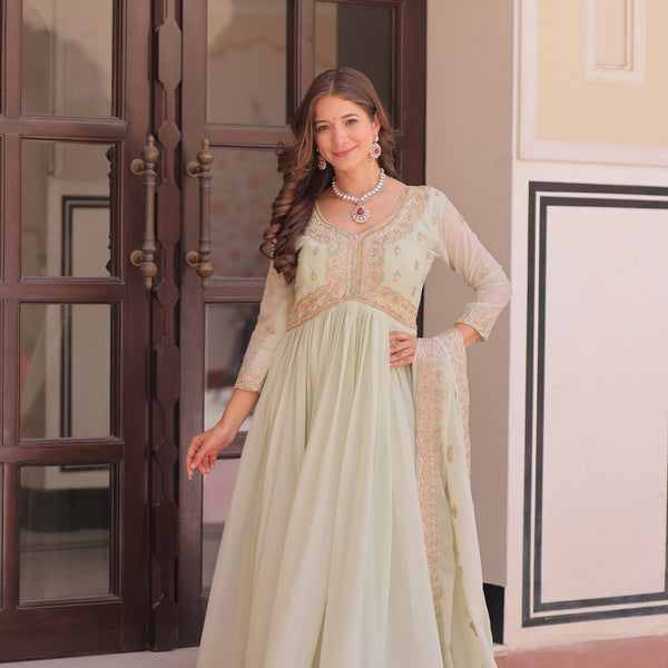 Lorenvalley Fashion Pista Star Georgette with Beads & Sequins Multi Embroidered work Anarkali Gown with Dupatta