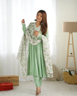 Thumbnail for Lorenvalley Pista Roman Silk Chanderi Fabric Fit Nyra Cut Kurta Pant With Dupatta Set - Distacart