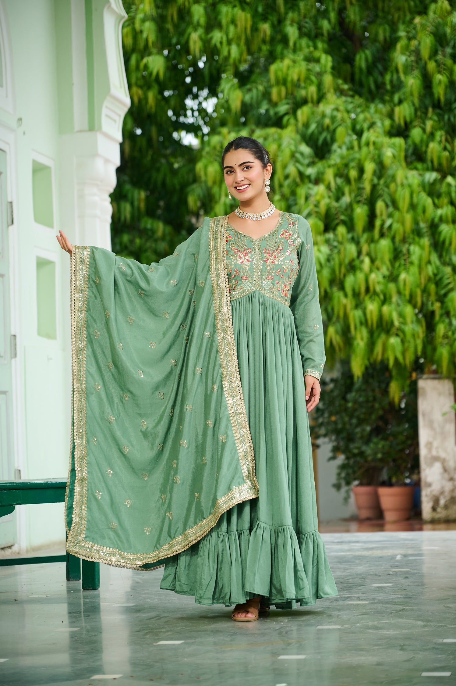 Lorenvalley Fashion Pista Vichitra Silk with Embroidered Zari & Thread work Anarkali Gown with Dupatta