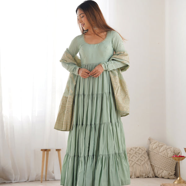 Lorenvalley Women Pure Roman silk Chanderi Fabric Layer Gathering Anarkali Kurta Pant With Dupatta Set - Distacart