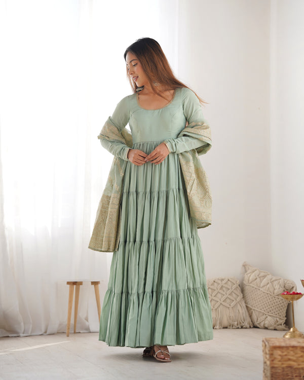 Lorenvalley Women Pure Roman silk Chanderi Fabric Layer Gathering Anarkali Kurta Pant With Dupatta Set - Distacart