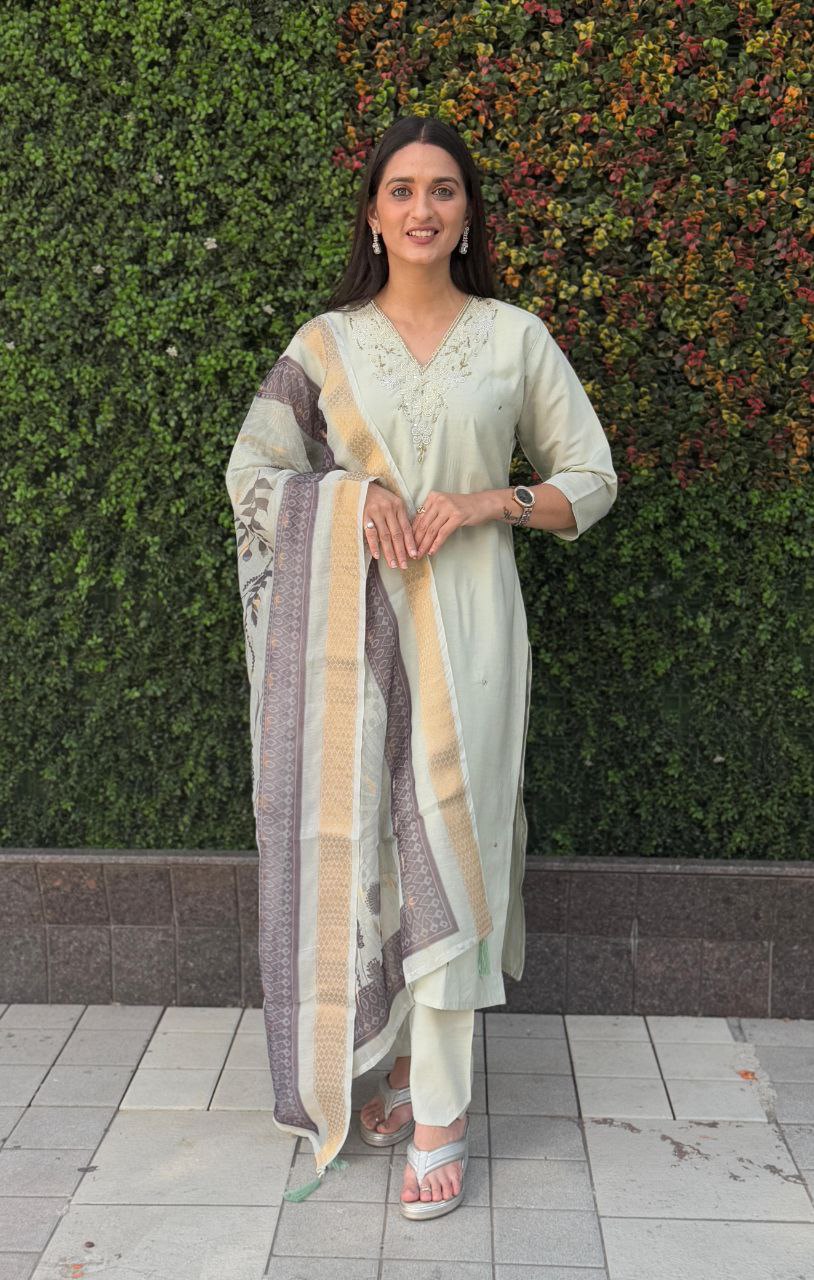 Lorenvalley Fashion Pista Roman Silk Hand Work Kurta Pant with Dupatta