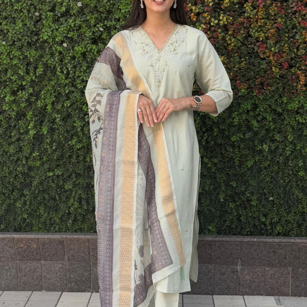 Lorenvalley Fashion Pista Roman Silk Hand Work Kurta Pant with Dupatta - Distacart