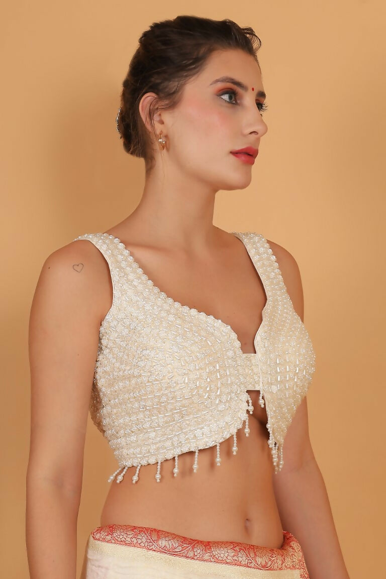 Joban Fashion Silk Pearl And Beads Hand Embroidery Padded Blouse - White