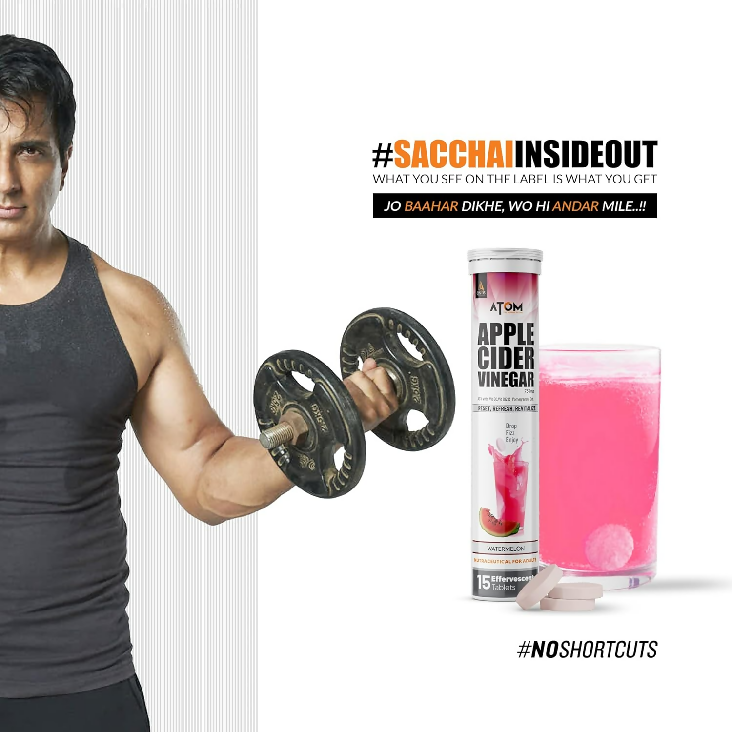 As-It-Is Atom Apple Cider Vinegar Effervescent Tablets Water Melon Flavor For Weight Loss