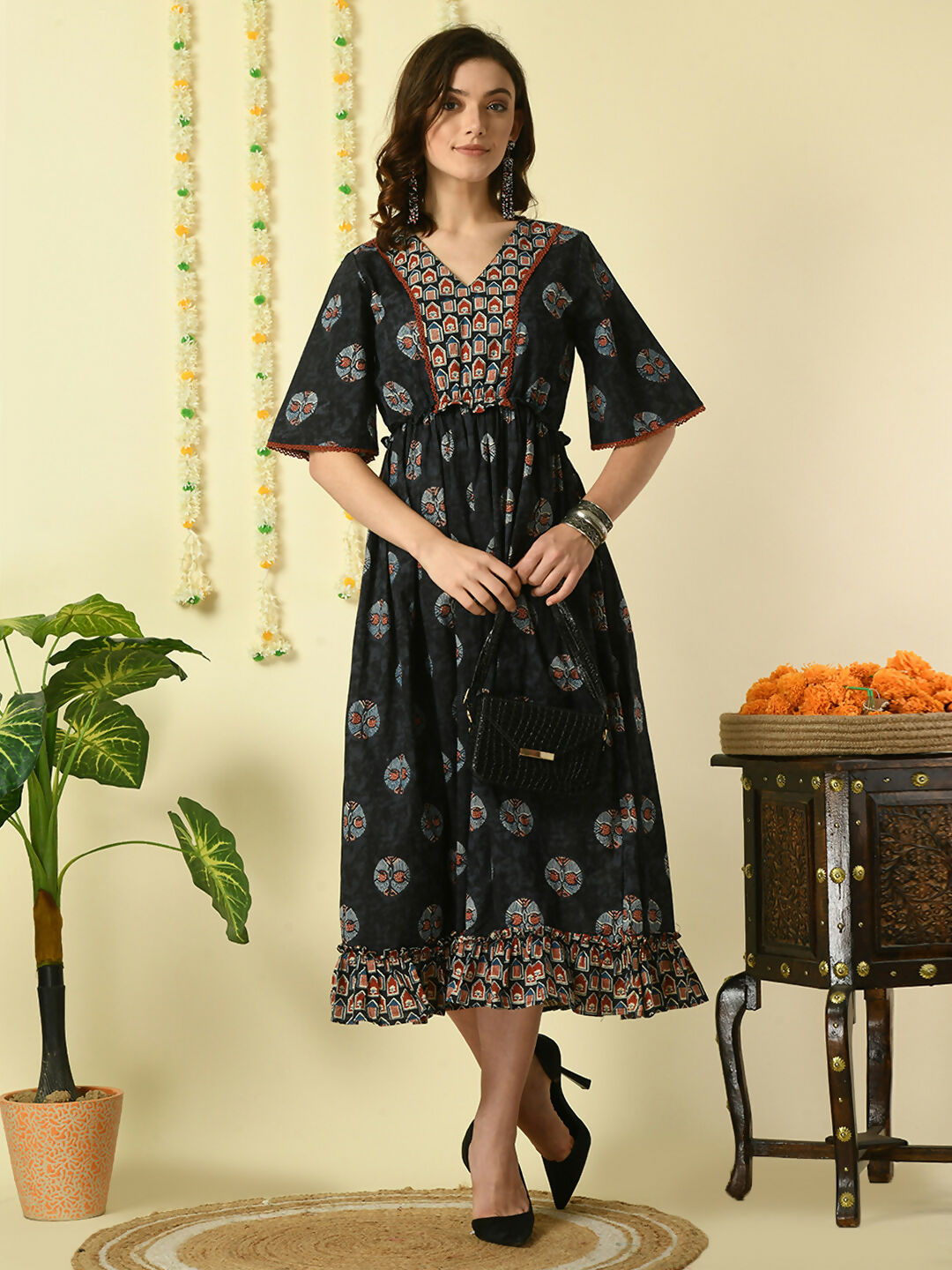 Myshka Women's Black Printed Cotton Party Dress - Distacart