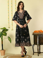 Thumbnail for Myshka Women's Black Printed Cotton Party Dress - Distacart