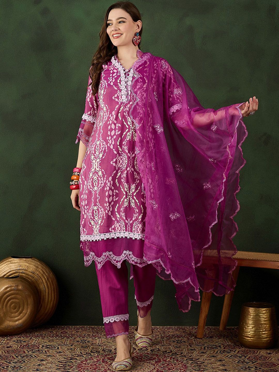 Sangria Printed & Embroidered Kurta & Trousers with Dupatta - Distacart
