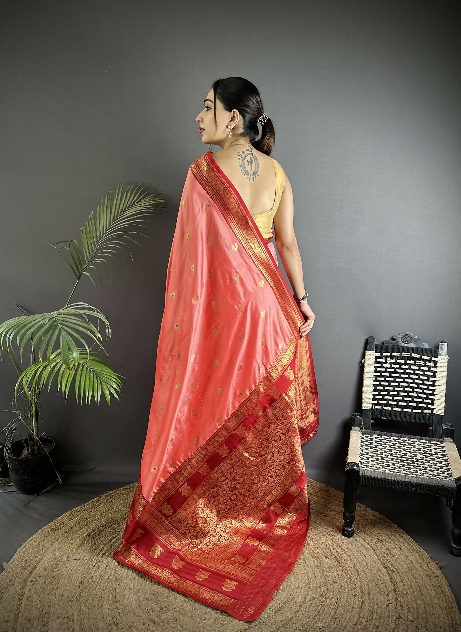 Joban Fashion Peach Banarasi Soft Silk Woven Butti Saree - Distacart