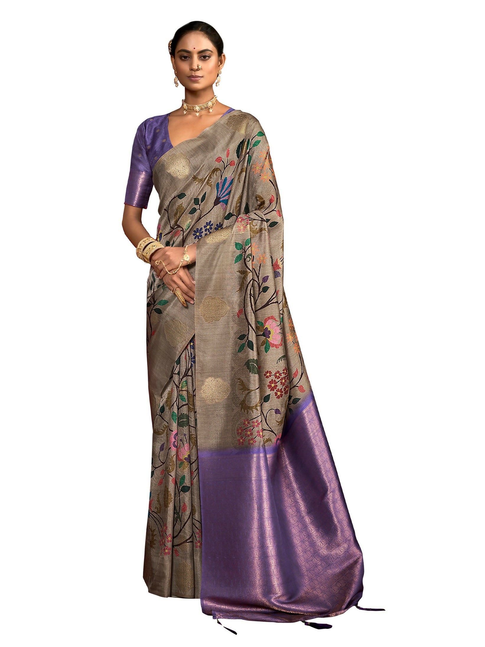 Joban Fashion Powder Blue Soft Silk Weaving Fabric With Digital Jamdani Print With Jacquard Rich Pallu & Blouse With Spring Tassels