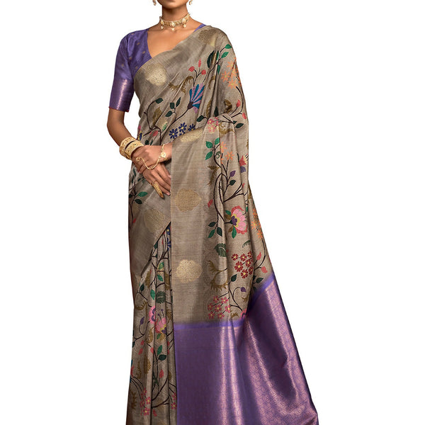 Joban Fashion Powder Blue Soft Silk Weaving Fabric With Digital Jamdani Print With Jacquard Rich Pallu & Blouse With Spring Tassels - Distacart