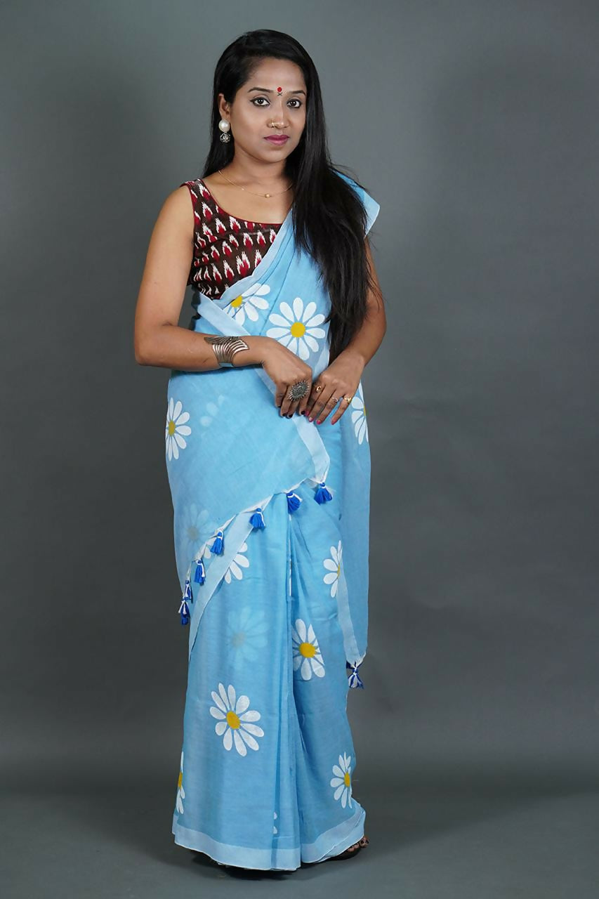 Exclusive Collection Sky Pure Cotton Saree With Sunflower Design