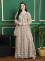 Thumbnail for Aastha Fashion Women's Beige Green Net Floral Cording with Sequin & Crystal work Anarkali Dress Set - Distacart