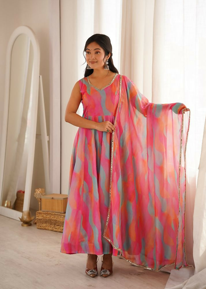 Teeya Creation New Womens Vibrant Multi-Colored Abstract Print Sleeveless Anarkali Suit with Dupatta - Dista