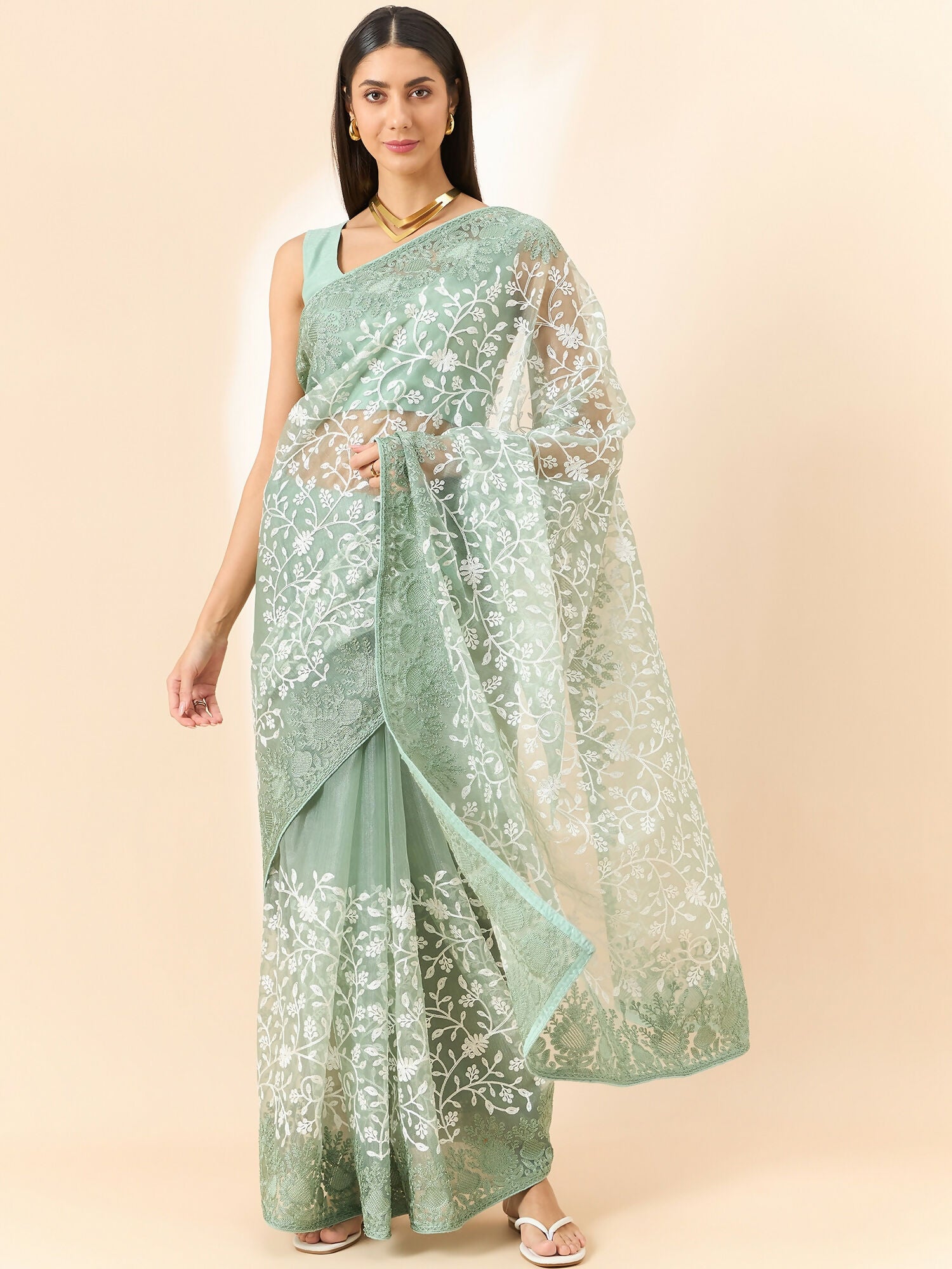 Green Organza Floral Embroidered Saree with Unstitched Blouse Piece - Roozal - Distacart