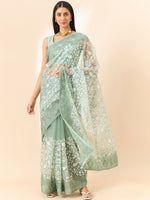 Thumbnail for Green Organza Floral Embroidered Saree with Unstitched Blouse Piece - Roozal - Distacart