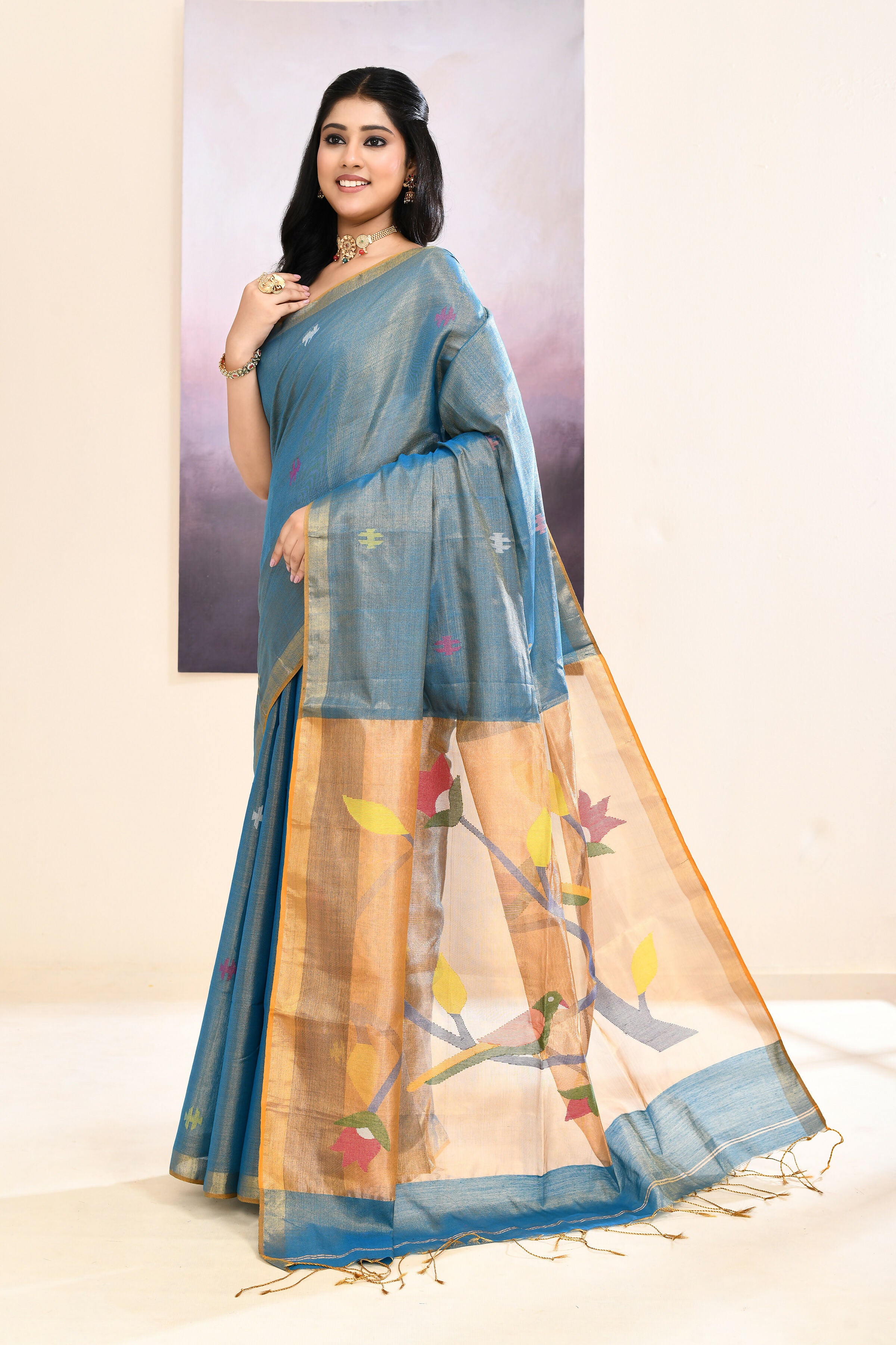 Piyari Fashion Women's Sky Blue Embellished Tissue Jamdani Saree - Dista
