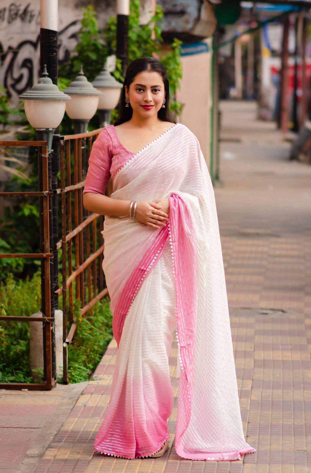 Pink Poly Chiffon Striped Saree with Unstitched Blouse - Hiral Fashion - Distacart