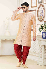 Thumbnail for Raivat Ethnic Banarasi Jacquard Embroidery Semi Indo Western Sherwani In Cream Maroon Colour