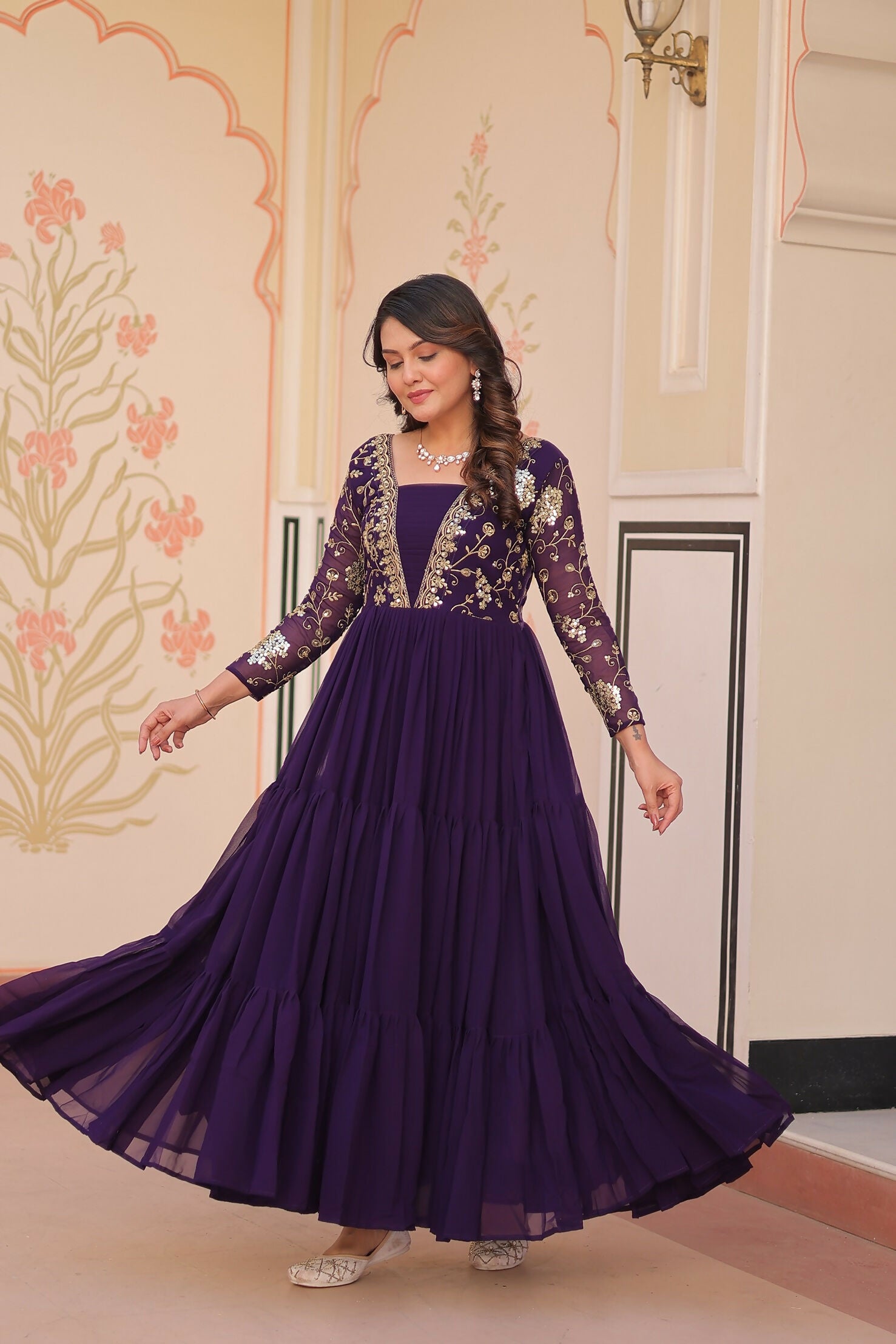 Joban Fashion Purple Georgette Sequence Embroidery Work Dress