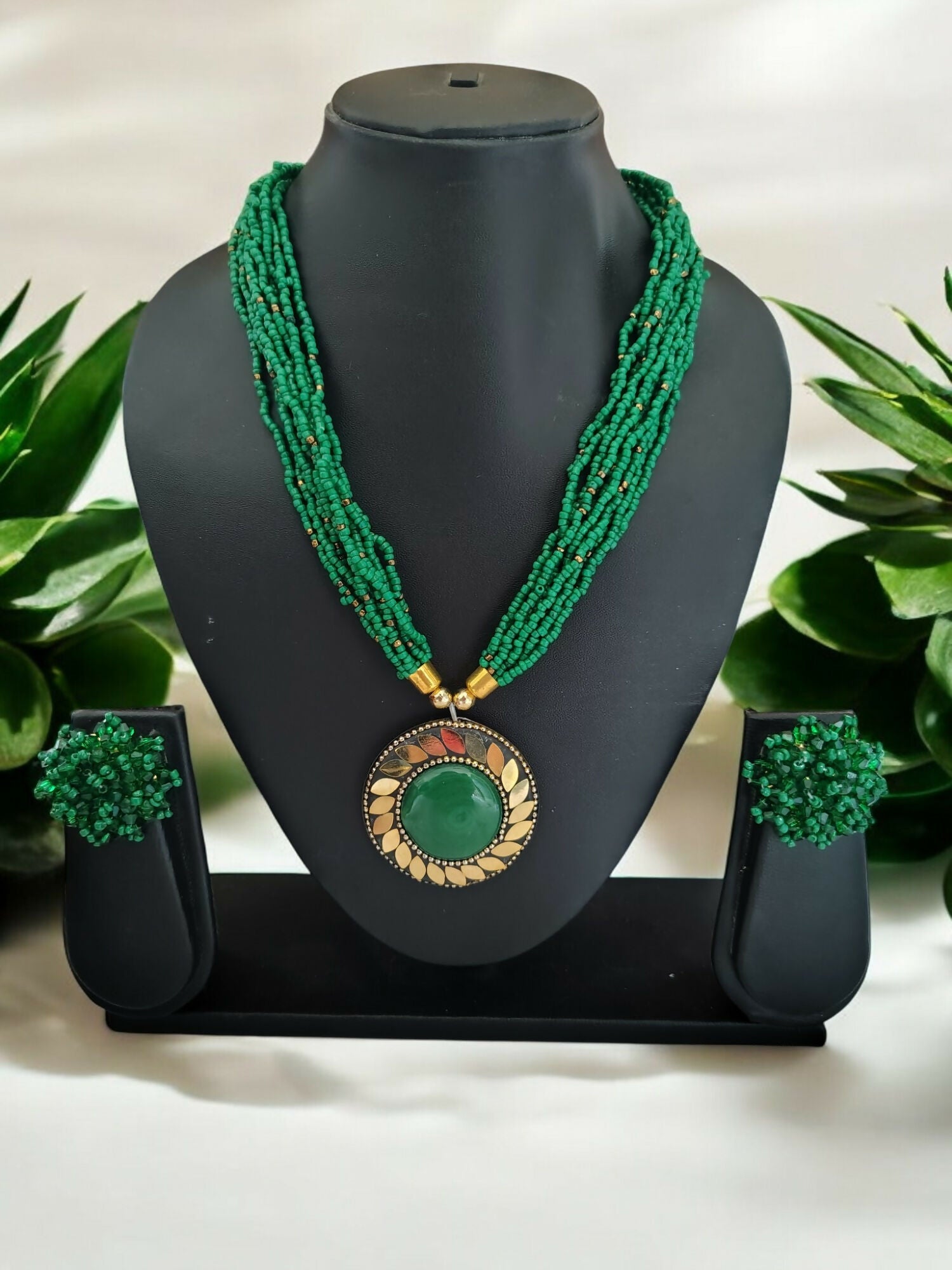 Inhanns All-Day Statement Beaded Necklace Set - Green - Distacart