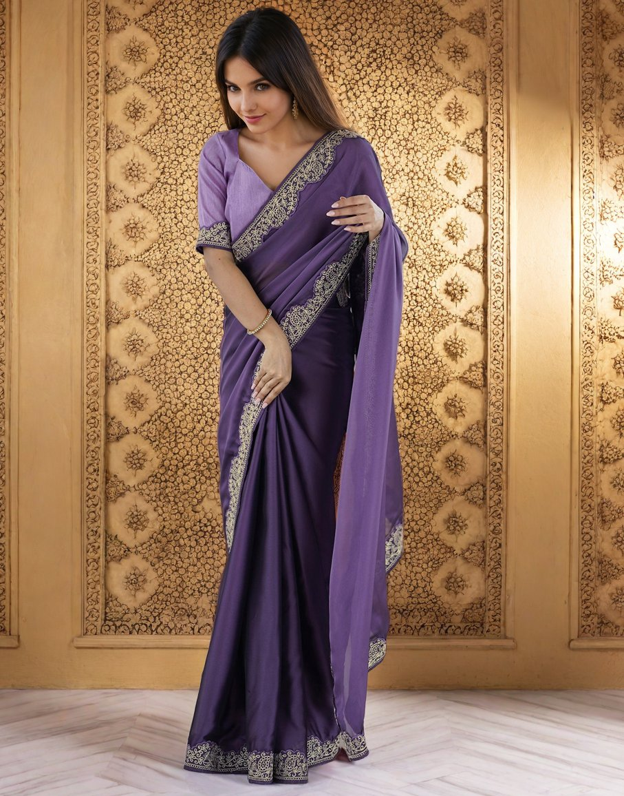 Lorenvalley Fashion Lavender Rangoli Silk with Coding Lace Work Saree with Blouse