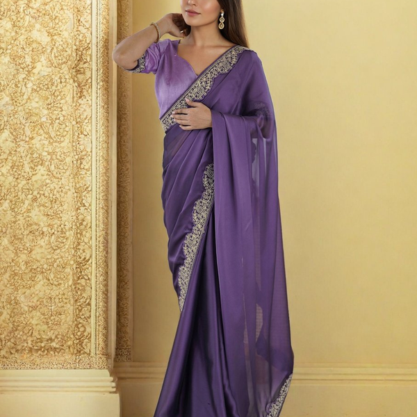 Lorenvalley Fashion Lavender Rangoli Silk with Coding Lace Work Saree with Blouse - Distacart