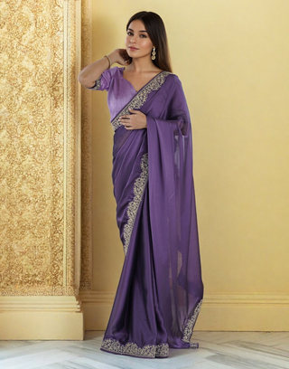 Lorenvalley Fashion Lavender Rangoli Silk with Coding Lace Work Saree with Blouse