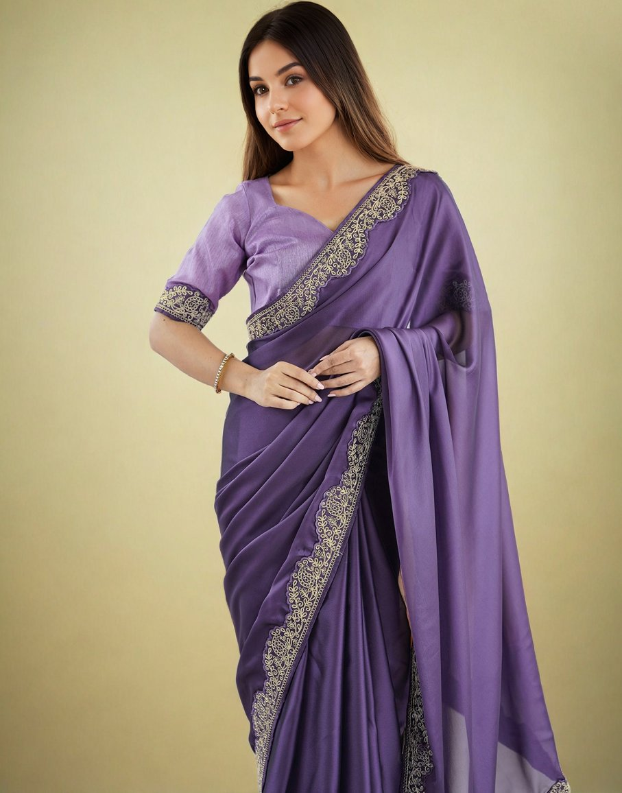 Lorenvalley Fashion Lavender Rangoli Silk with Coding Lace Work Saree with Blouse