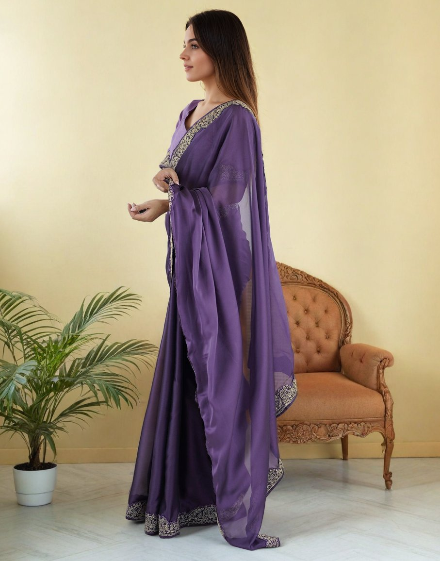 Lorenvalley Fashion Lavender Rangoli Silk with Coding Lace Work Saree with Blouse