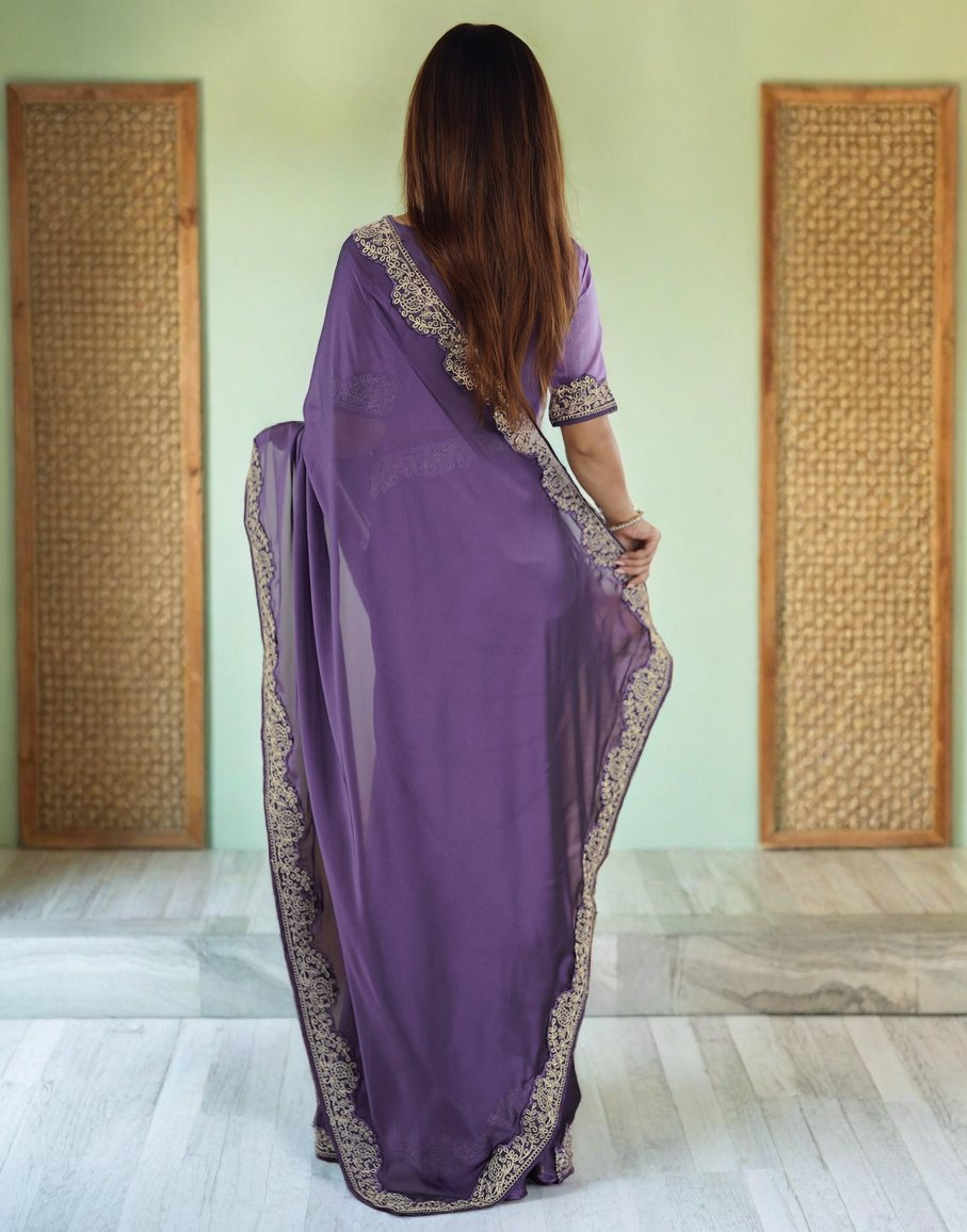 Lorenvalley Fashion Lavender Rangoli Silk with Coding Lace Work Saree with Blouse