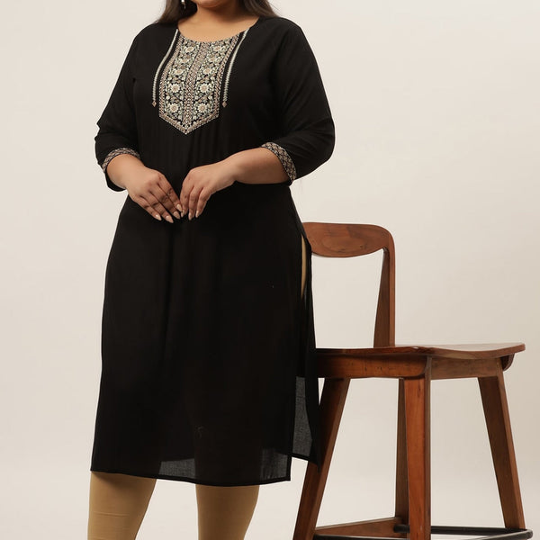 Yufta Black Embroidered Kurta Plus Size Women - Distacart