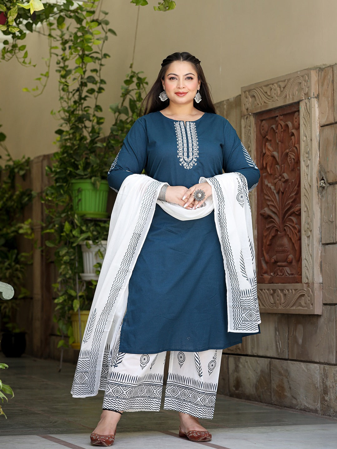 Yufta Plus Size Embroidered Cotton Kurta Dupatta Set - Distacart