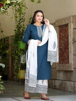Thumbnail for Yufta Plus Size Embroidered Cotton Kurta Dupatta Set