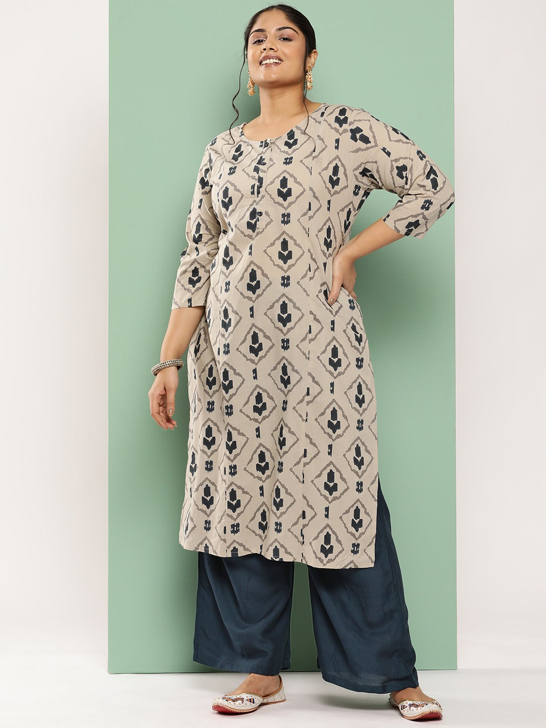 Yufta Plus Size Ethnic Motifs Printed Regular Cotton Kurta with Palazzos - Distacart