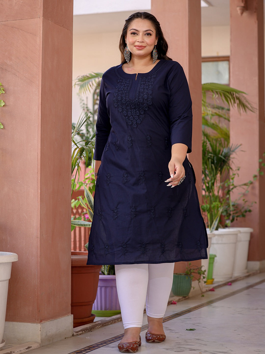 Yufta Navy Blue Floral Plus Size Chikankari Kurti Women - Distacart