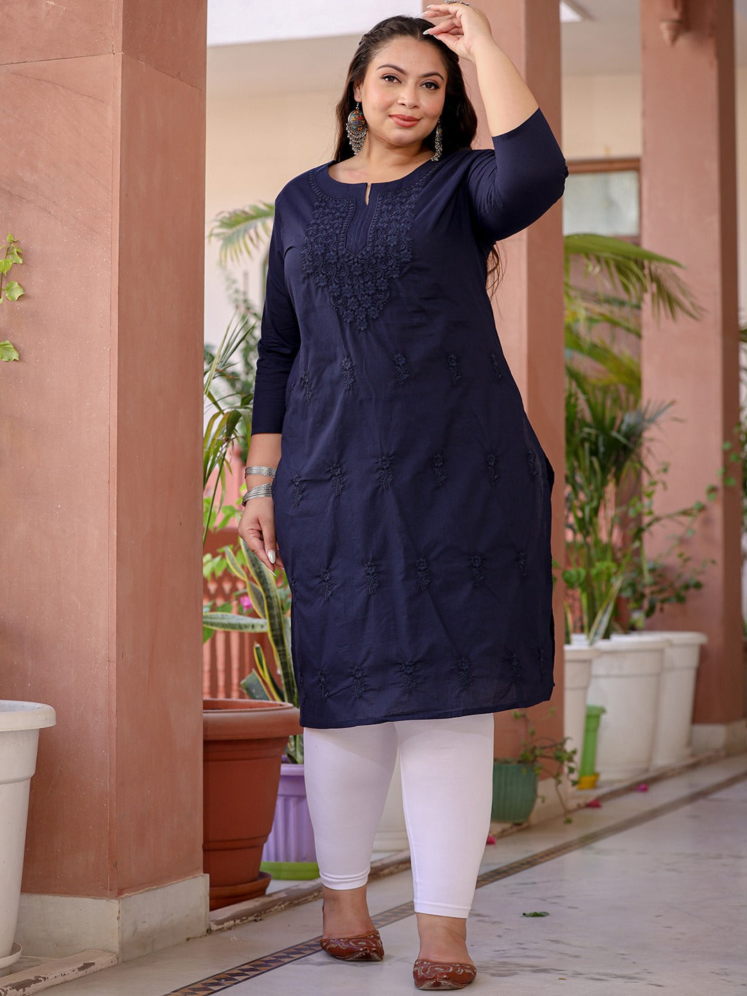 Yufta Navy Blue Floral Plus Size Chikankari Kurti Women - Distacart